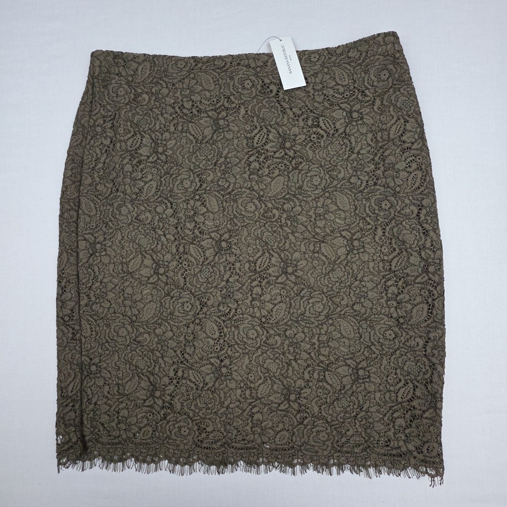 NWT Banana Republic Lace Pencil Skirt Women 6 Olive Green Scalloped Hem Cotton - Picture 1 of 7